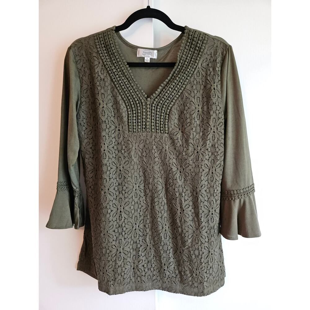 Olive Green Top with Lace Overlay Detail - Size L